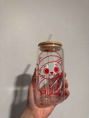 Cat Glass Tumbler with Straw and Bamboo Lid New